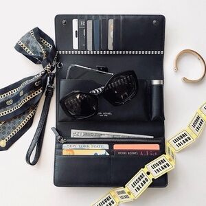 Henri BENDEL Uptown Iconic Organizer Black Long Leather Wallet Clutch Wristlet